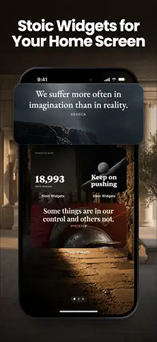 Stoic Widgets App Store preview showing philosophy widgets on an iPhone Home Screen