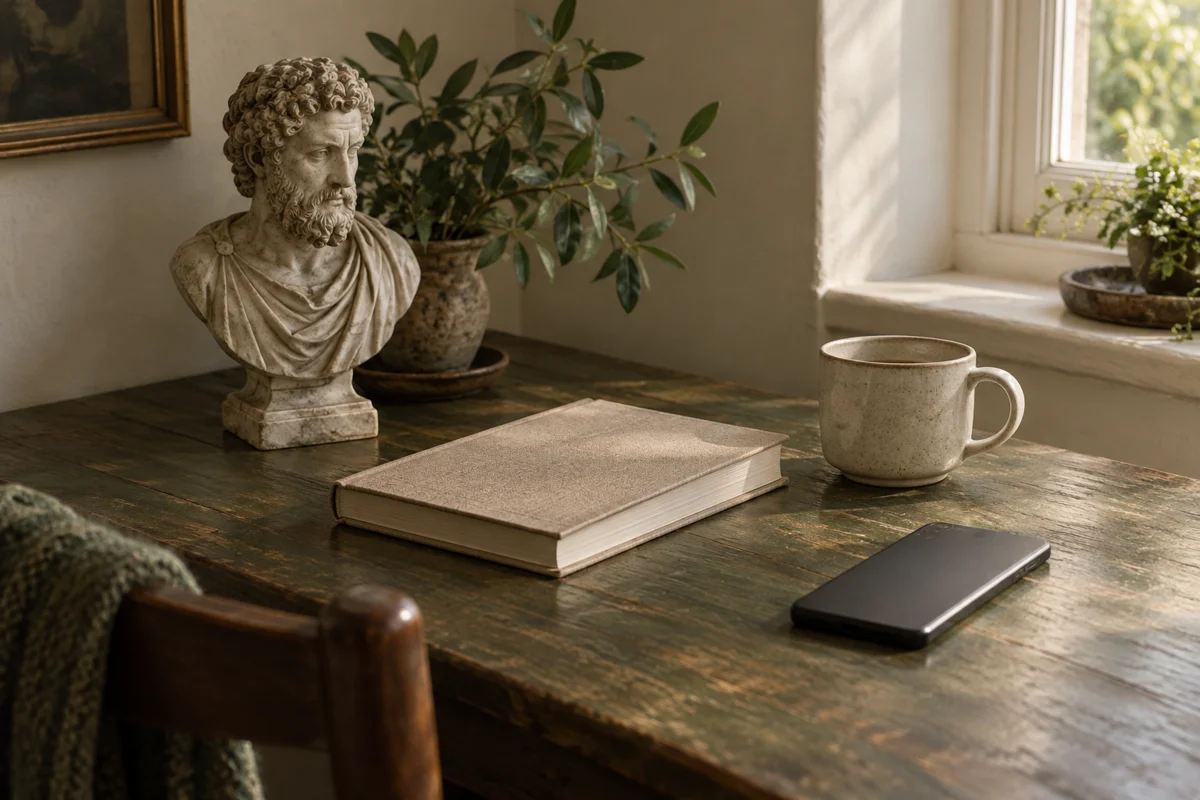A classical bust, book and phone on a reading table
